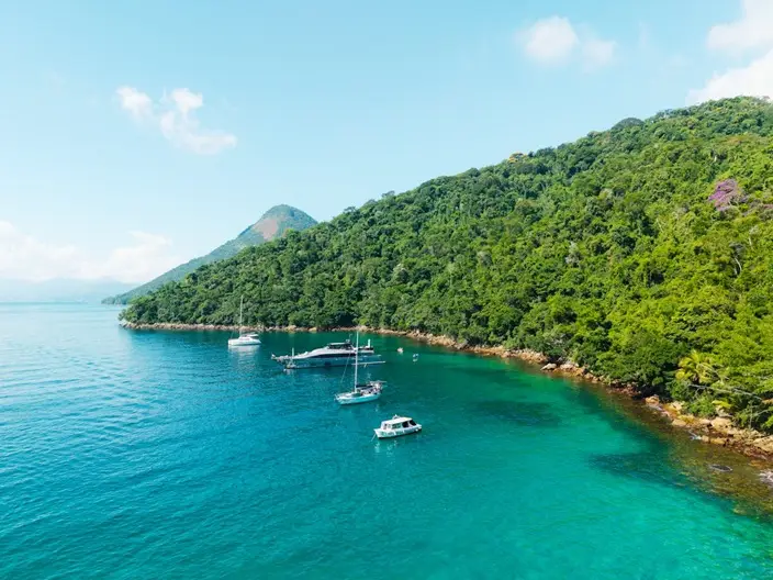 Agua cristalina en Ilha Grande con barcos y vegetación, excursión desde Río de Janeiro